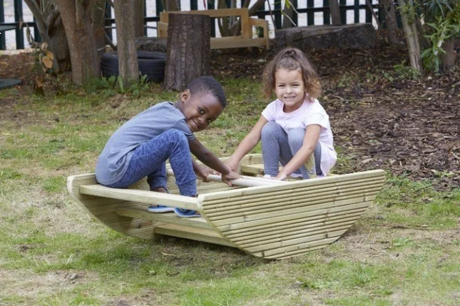 Outdoor Wooden Rocking boat and Steps - 29 x 64 x 120cm | Outdoor Learning | Playground | Forest School | Social Play | Role Play | Imaginative Play