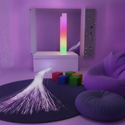 5 Piece Waterless Sensory Package — Rectangle Padded Surround Storage Seat | Mirrors | Fibre Optics | Waterless LED Tube