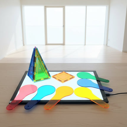 Colourful geometric shapes on a Light up board.
