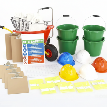 Construction-themed play set with safety hats, buckets, and tools on a white background