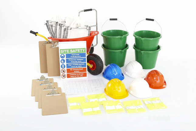 Construction-themed play set with safety hats, buckets, and tools on a white background