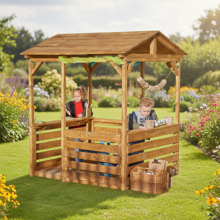 Wooden playhouse with children inside on a white background