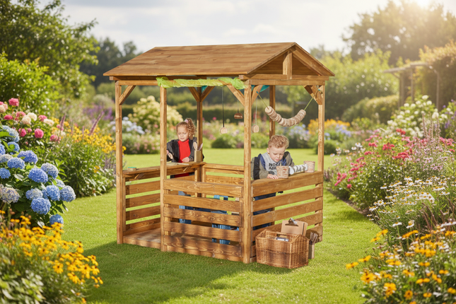 Wooden playhouse with children inside on a white background