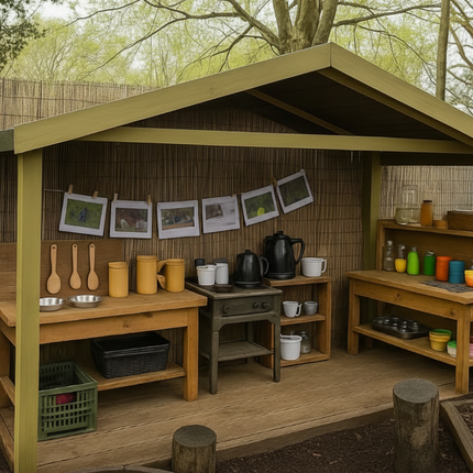 Children's playhouse with pretend kitchen and outdoor elements in a garden setting.