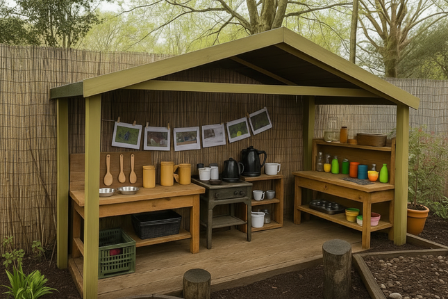 Children's playhouse with pretend kitchen and outdoor elements in a garden setting.