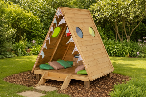 Wooden playhouse with colorful cushions in a garden setting