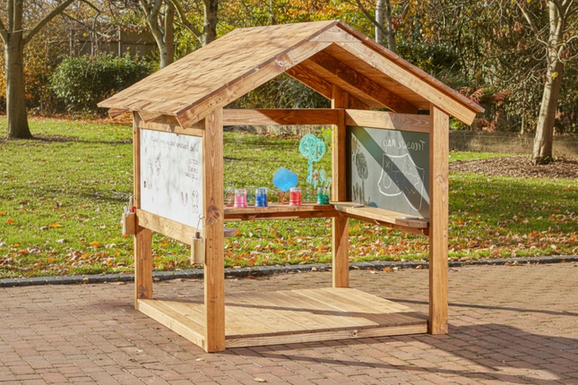 Wooden outdoor playhouse with whiteboard, chalkboard, and colorful cups on a brick patio.