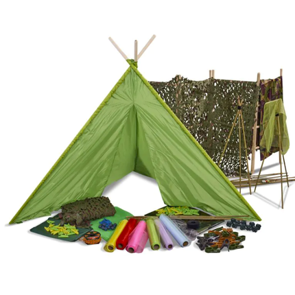 Green tent with accessories on a white background