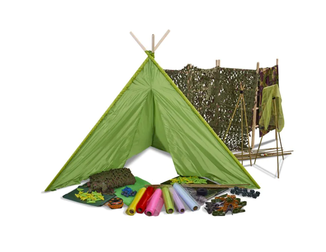 Green tent with accessories on a white background