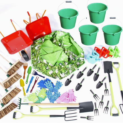 Assorted gardening tools and equipment including shovels, rakes, buckets, and a wheelbarrow on a white background.
