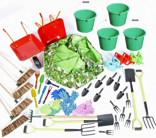 Assorted gardening tools and equipment including shovels, rakes, buckets, and a wheelbarrow on a white background.