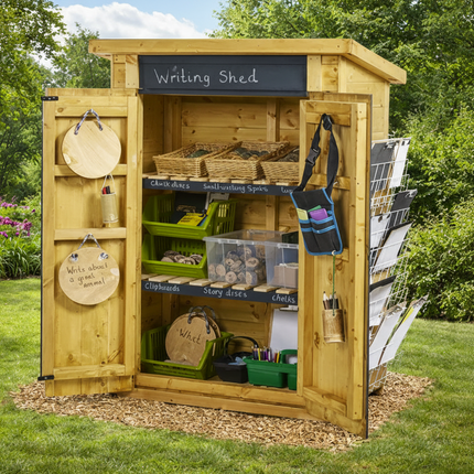 Wooden writing shed with various supplies inside, outdoors on a grassy area.