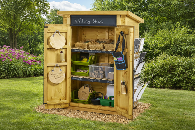 Wooden writing shed with various supplies inside, outdoors on a grassy area.