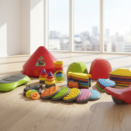 Colorful set of plastic shapes and forms in a room
