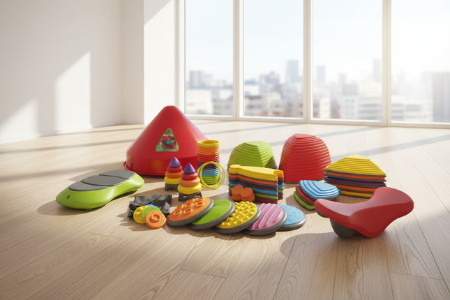 Colorful set of plastic shapes and forms in a room