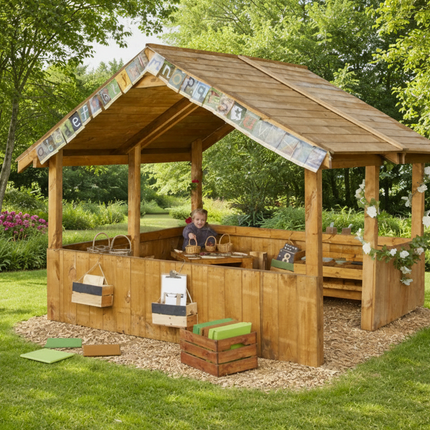 Wooden outdoor gazebo with a tiled roof in a garden setting