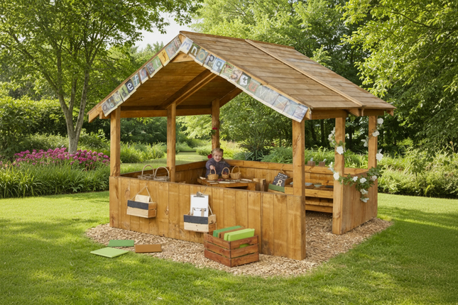 Wooden outdoor gazebo with a tiled roof in a garden setting