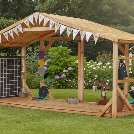 Wooden playhouse with toys and a solar panel on a white background