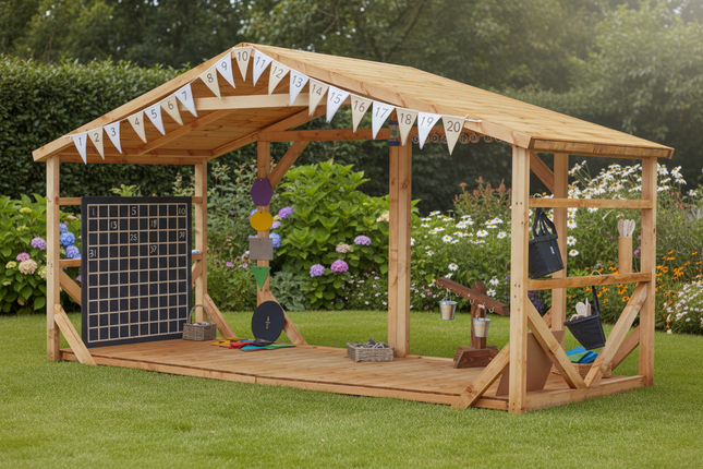 Wooden playhouse with toys and a solar panel on a white background