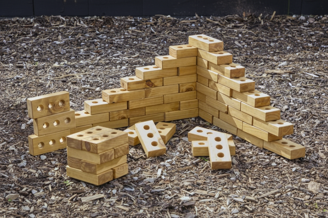 Wooden building blocks arranged in a structure on a dark, textured surface