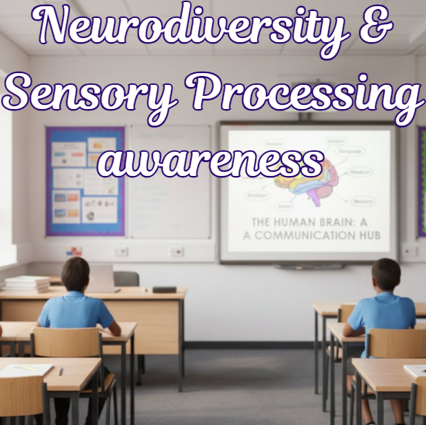 Classroom setting with students and a screen displaying information about neurodiversity and sensory processing.