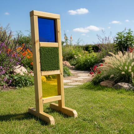 Wooden stand with green screen and blue screen against a plain background