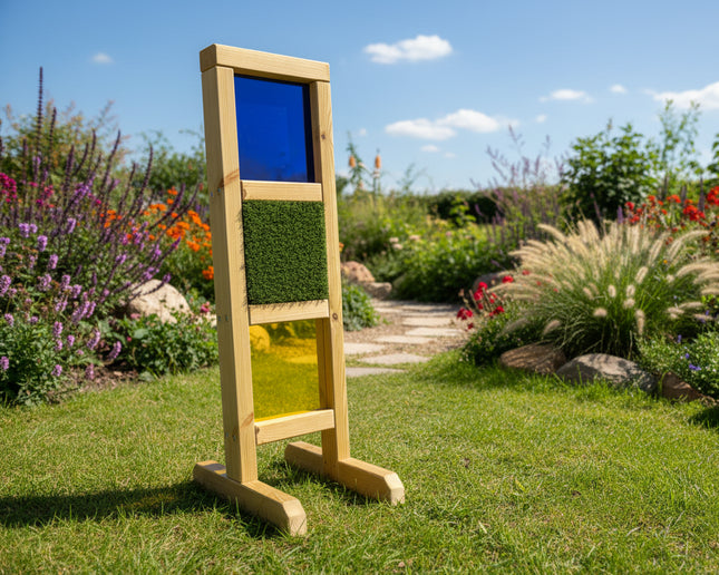Wooden stand with green screen and blue screen against a plain background