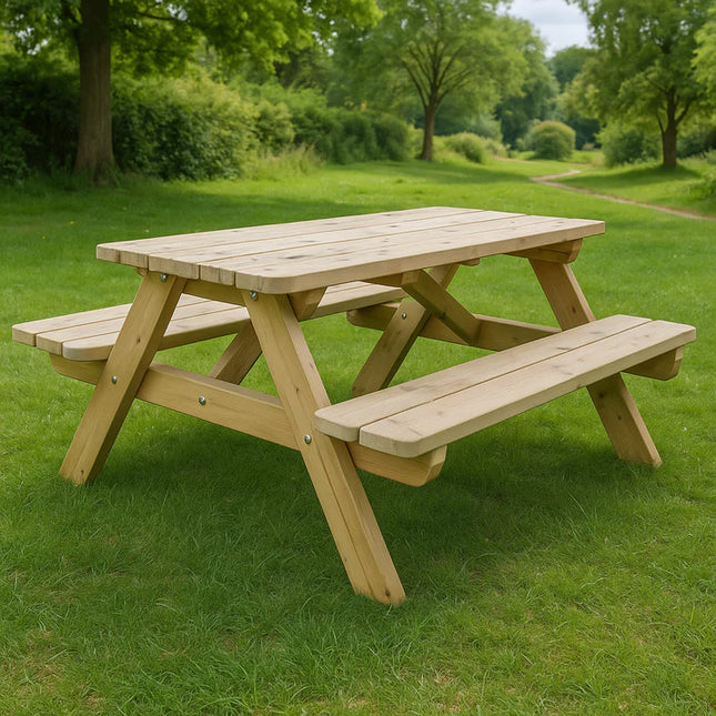 Picnic Wooden Bench & Table - Adult 6 Seater - Outdoor Learning | Forest School | Playground | Group Interaction | Garden Equipment