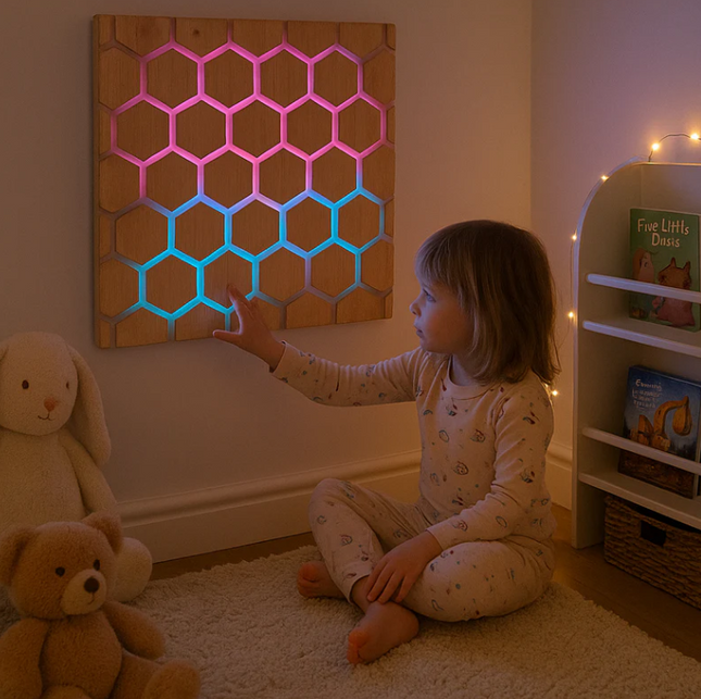 Honeycomb Interactive Panel – LED Wall Hanging Hexagonal Design Light with Wooden Frame