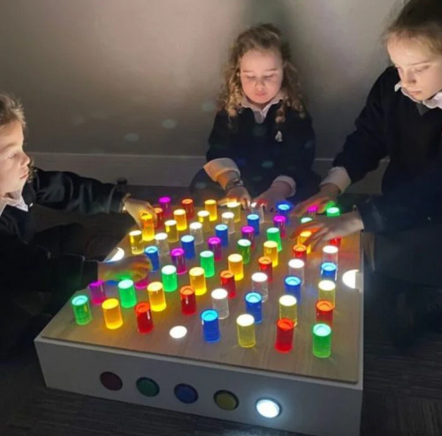 Wooden Table Top and Coloured Acrylic Rods (TTLPCR) & Sensory Light Table (SLTWST) Set