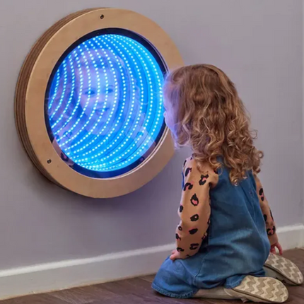 Sensory LED Wooden Frame Infinity Mirror Round with Remote Control – 50cm