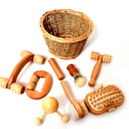Wooden Massage Set and Natural Sensory Basket - 8 pieces