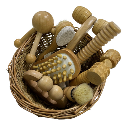 Wooden Massage Set and Natural Sensory Basket - 8 pieces