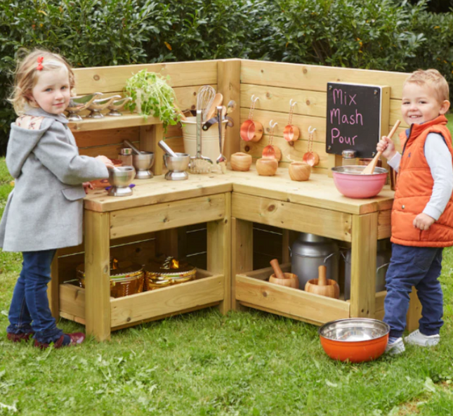 Children's Mini Corner Mud Kitchen - 100 x 100 x 90cm | Outdoor | Forest School | Exploratory Play | Role Play