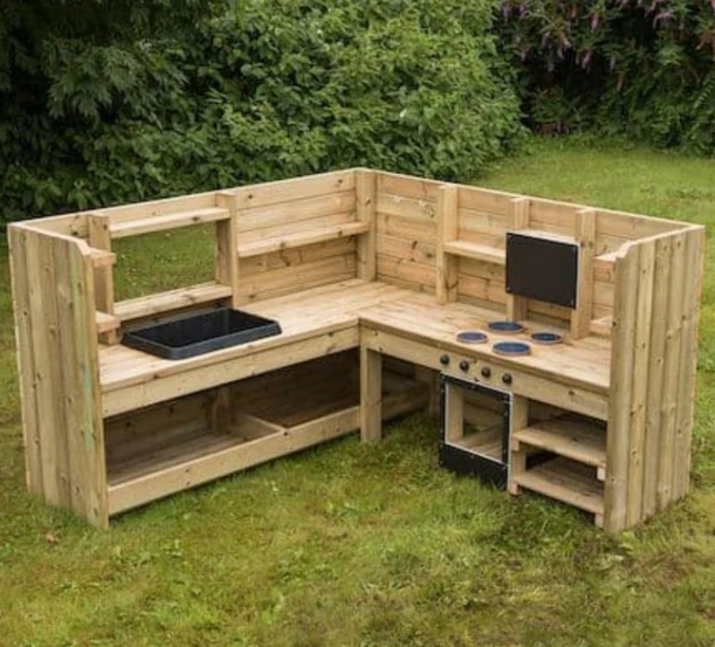 Children's Outdoor Wooden Messy Corner Kitchen - Outdoor Learning | Forest School | Role Play | Messy Play | Social Play