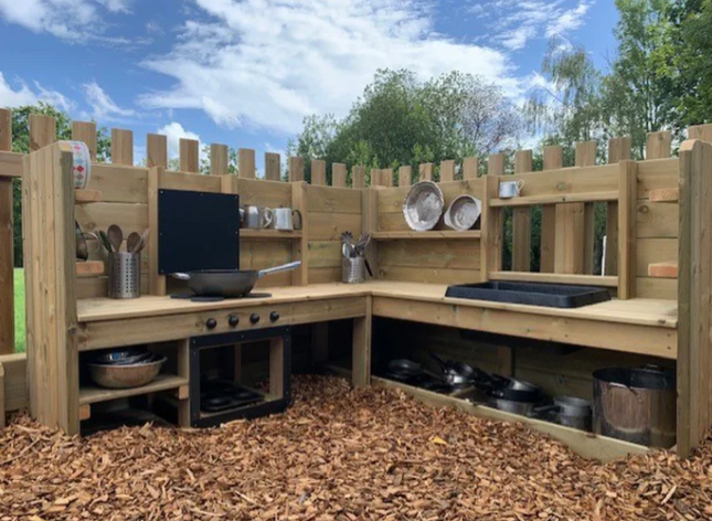 Children's Outdoor Wooden Messy Corner Kitchen - Outdoor Learning | Forest School | Role Play | Messy Play | Social Play