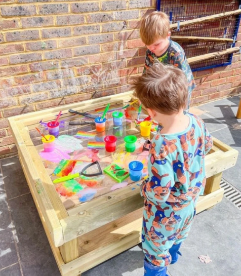 Outdoor Wooden Toddler Drawing Table with Acrylic Surface - 40 x 100 x 100cm | Outdoor Learning | Forest School | Motor Skills | Exploratory Play | Mark Making | Playground