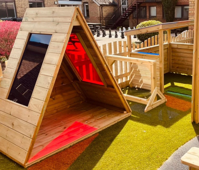Outdoor Wooden Coloured Teepee Den - Outdoor Learning | Playground | Sensory Light Panel | Role Play
