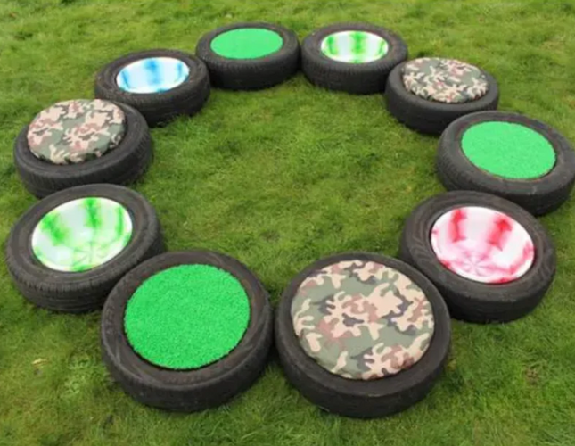 Tyre Topper Kit - Pack of 10 | Outdoor Learning | Forest School | Imaginative Play | Cushions | Discs | Bowls