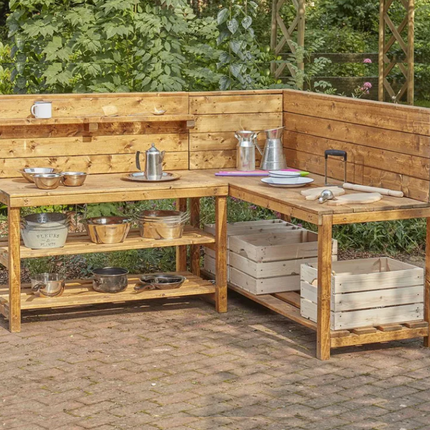 Compact Corner Mud Kitchen Unit Lite - Outdoor Learning | Forest School | Outdoor Classrooms | Seating | Natural | Imaginative Play