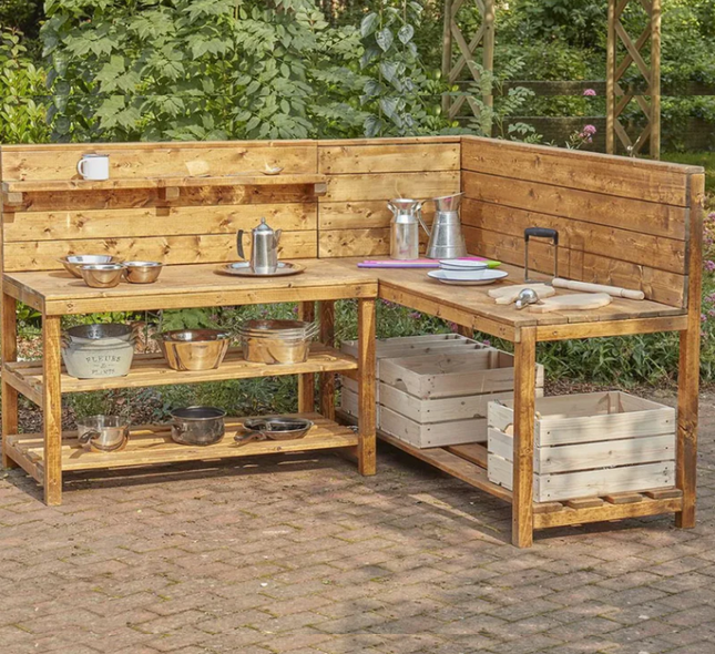 Compact Corner Mud Kitchen Unit Lite - Outdoor Learning | Forest School | Outdoor Classrooms | Seating | Natural | Imaginative Play