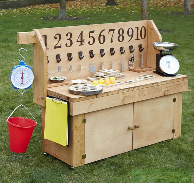 Outdoor Wooden Childrens Maths Station - Static or Mobile on Wheels Option | Outdoor Learning | Forest School | Messy Play | Exploratory Play | Imaginative Play | STEM | Numeracy Resource | Outdoor Classroom