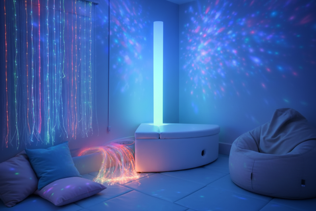 2 Piece - 180 cm LED Waterless Tube & Corner Padded Surround Storage Seat — Grey or White | Large Sensory | Chroma Tube | Sensory Room | Calming Corner