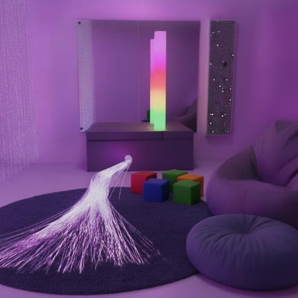 5 Piece Waterless Sensory Package — Rectangle Padded Surround Storage Seat | Mirrors | Fibre Optics | Waterless LED Tube