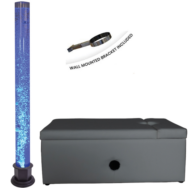 2 Piece 180cm Bubble Tube, Padded Surround Storage Seat & Wall Bracket — Rectangle | Grey or White | Padded Surround Storage Seat | Bubble Tube