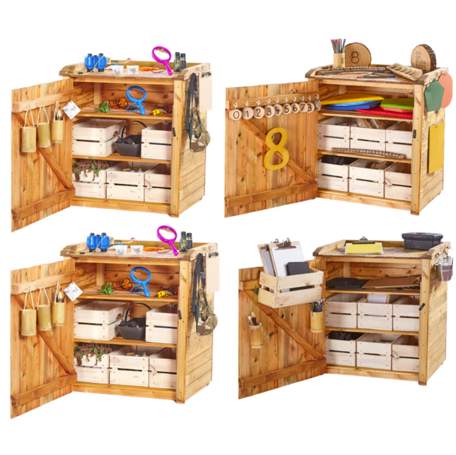 Wooden storage unit with various compartments and tools on a white background