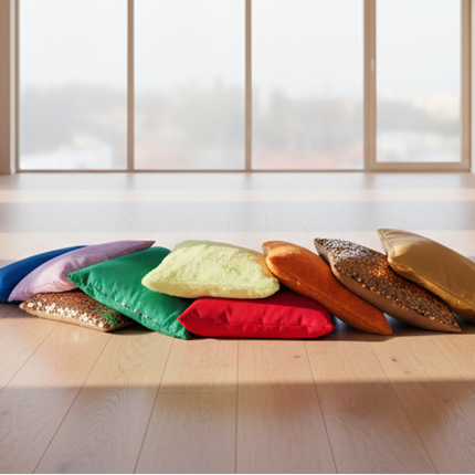 Colorful fabric squares stacked on a white background