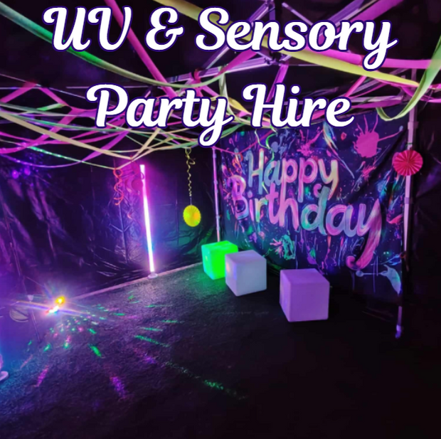 UV & Sensory Party Hire setup with colourful decorations and 'Happy Birthday' text.