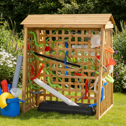 Wooden marble run toy with various obstacles on a white background