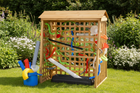 Wooden marble run toy with various obstacles on a white background